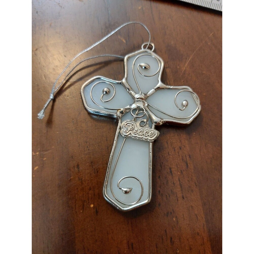 Vintage Ganz Stained Glass Cross Ornament White Suncatcher Filigree Peace Charm
